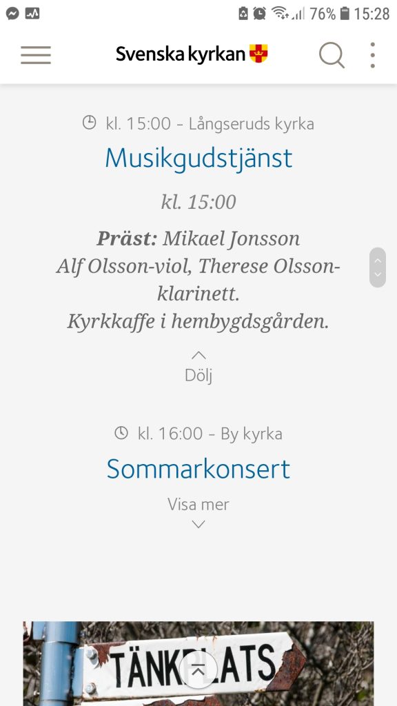 Screenshot från Svenska Kyrkans hemsida som visar annons om musikgudstjänst. Istället för fiol står det viol. Therese har tappat sitt ena efternamn - Hugosson